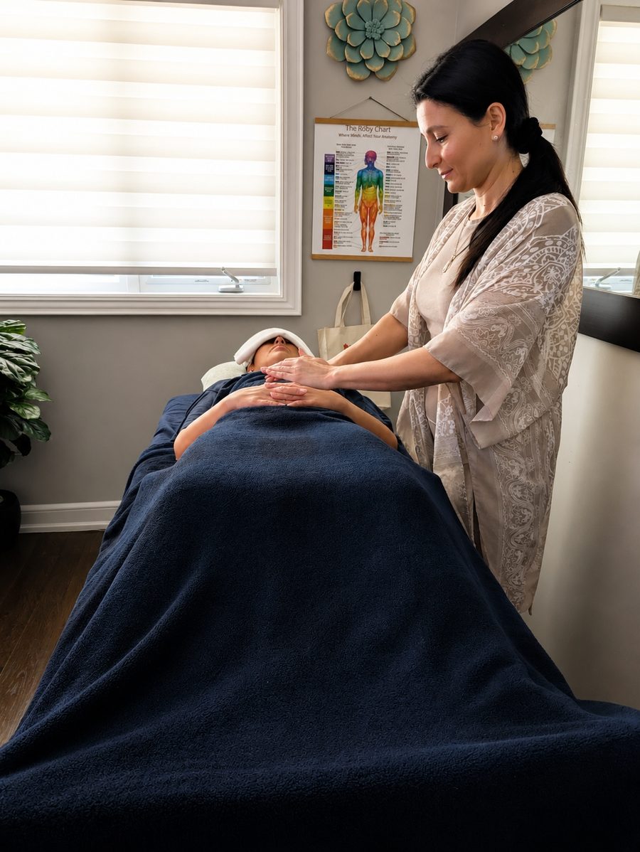 Veronica Damouni holding her hands lightly above a client who is lying on the table under a blanket, in a quiet daylit room.